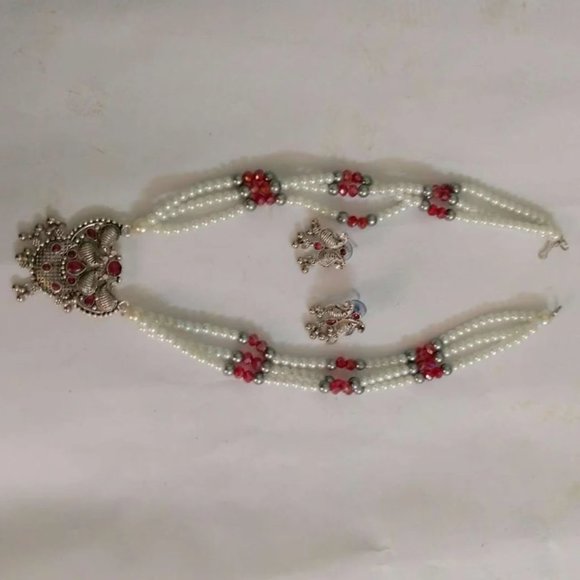 Pearls Beaded Chain Jewelry Set, Tribal Jewelry Set, Beaded Chain Pendant Neckla - Picture 4 of 10